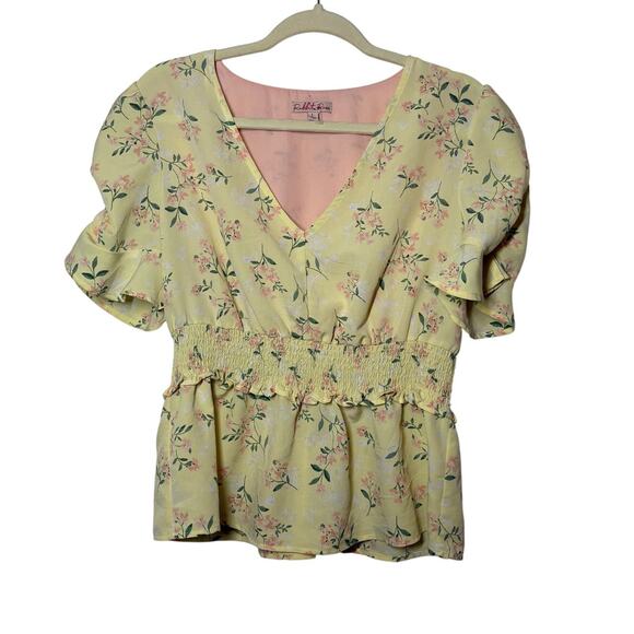 Rabbit Rose Top L Yellow Pink Floral Smocked Waist Peasant Cottage Preppy Ruffle - Picture 1 of 7